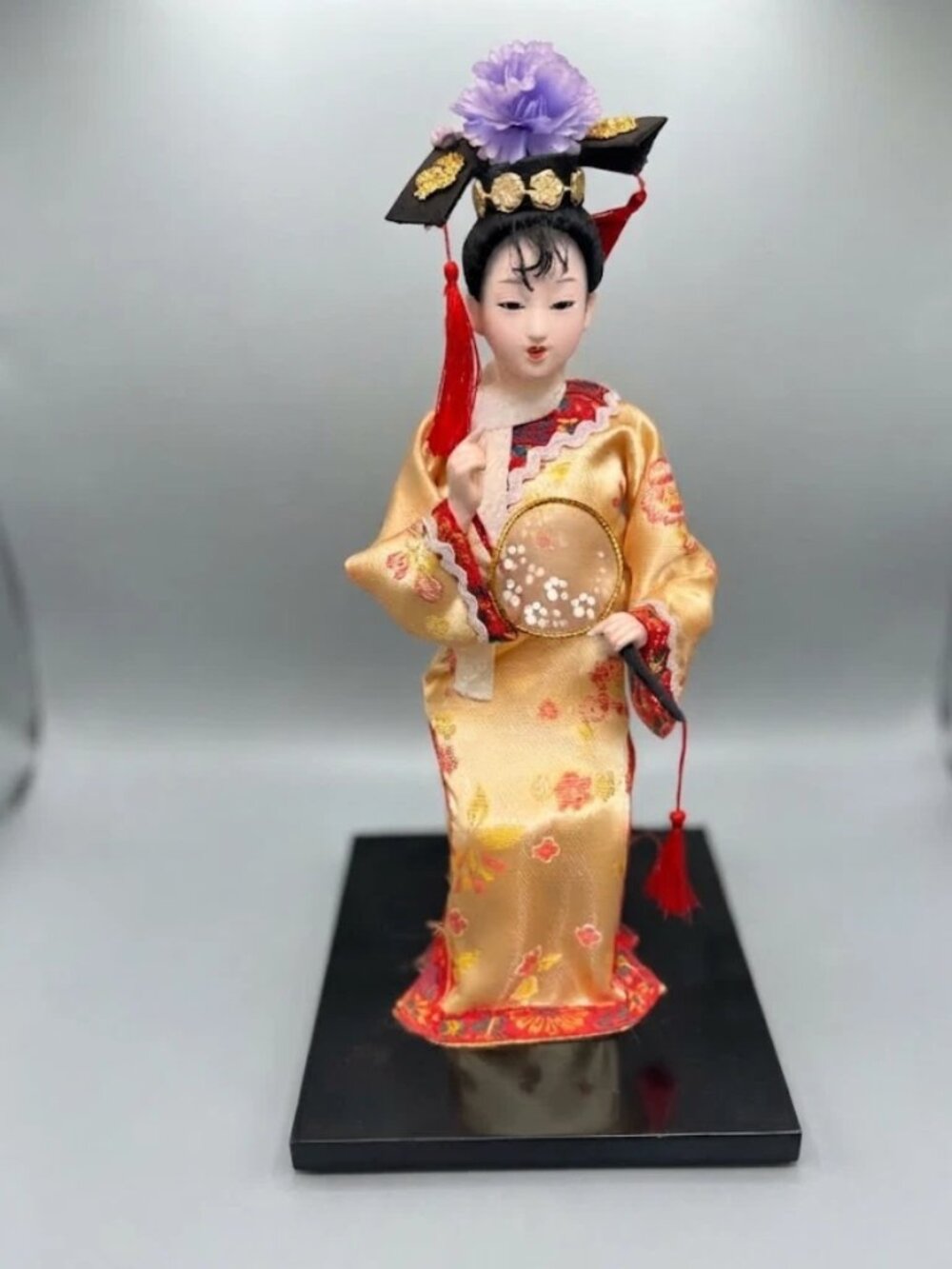 Vintage Chinese Doll Traditional Costume Seated Asian Display Doll Fan Headdress